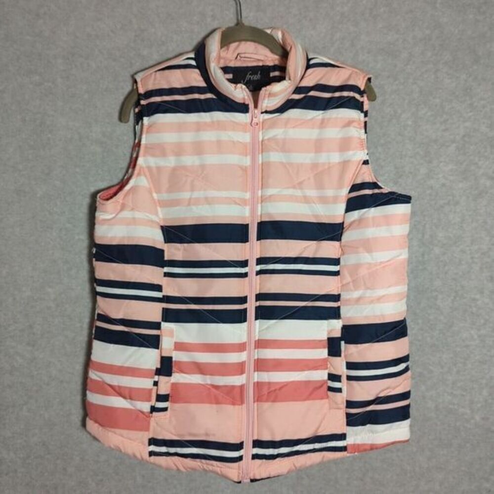 Fresh Women's Multi Striped Quilted Full Zip Sleeveless Vest W/ Pockets‎ Large